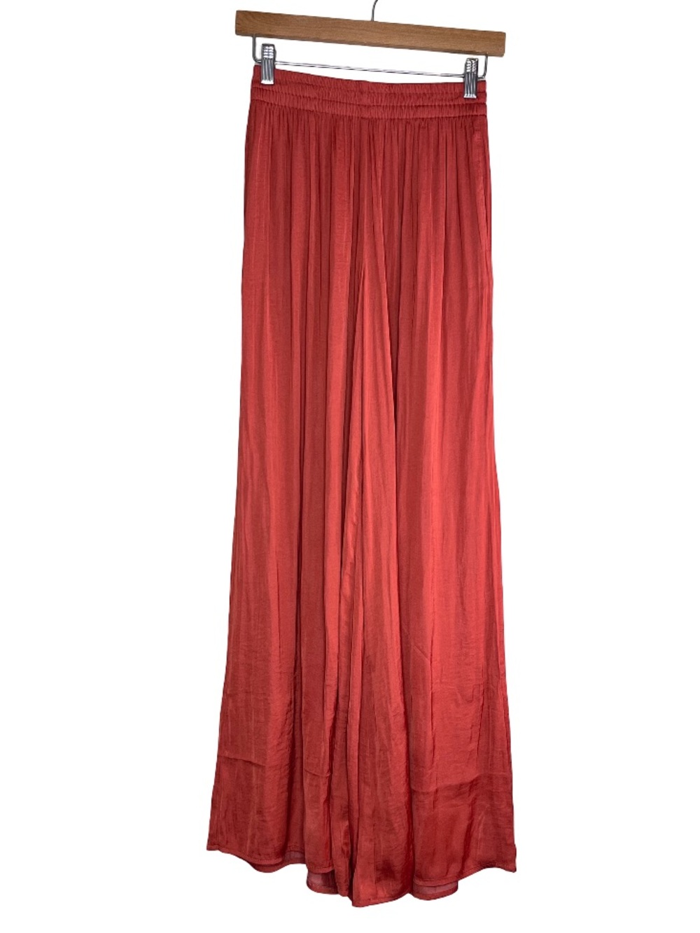 Zara Sz XS Rust Boho Pleated Satin Wide-Leg Pants - Picture 2 of 16